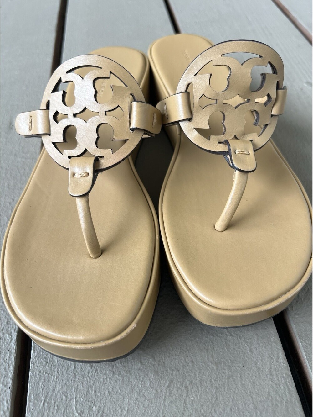 TORY BURCH Miller Wedge Sandals Ginger Shortbread Leather Women's Shoes 7.5 - Picture 4 of 15